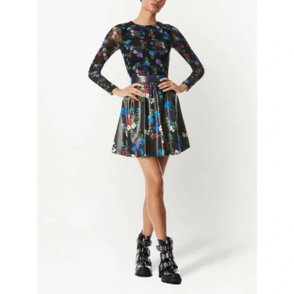 NEW Alice + Olivia Vegan Leather Chara Mesh Black Floral Mini Dress Blooms Sz 4